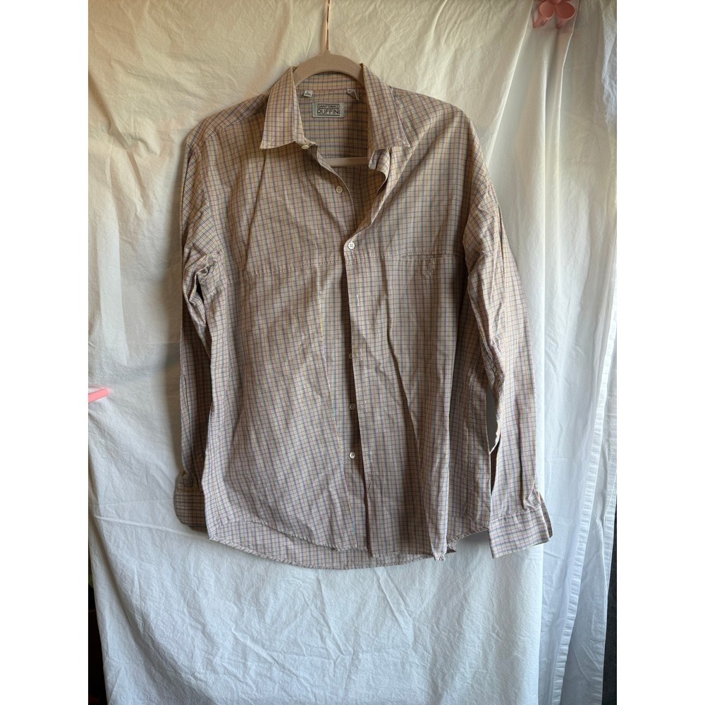Gianfranco Ruffini Mens Large Plaid Button Down Shirt Tan Yellow Blue Cotton LS